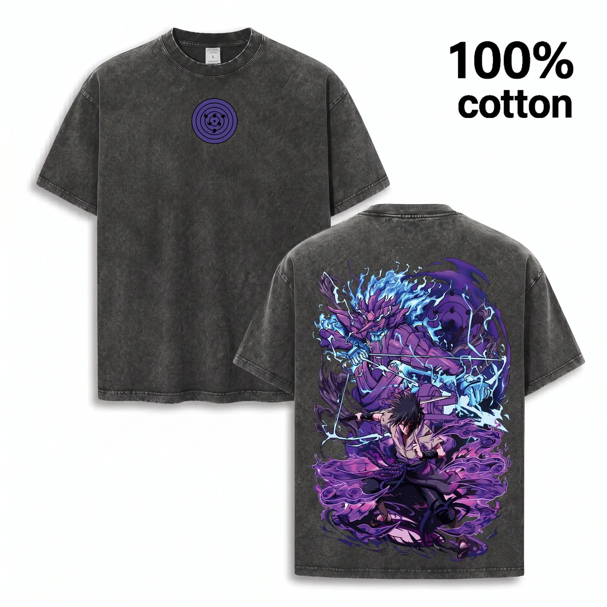 Sasuke Susanoo Graphic Short-Sleeve T-Shirt - Vintage Acid Wash Oversized Heavyweight Anime Casual Streetwear Top, Shortsleeve, Tshirt
