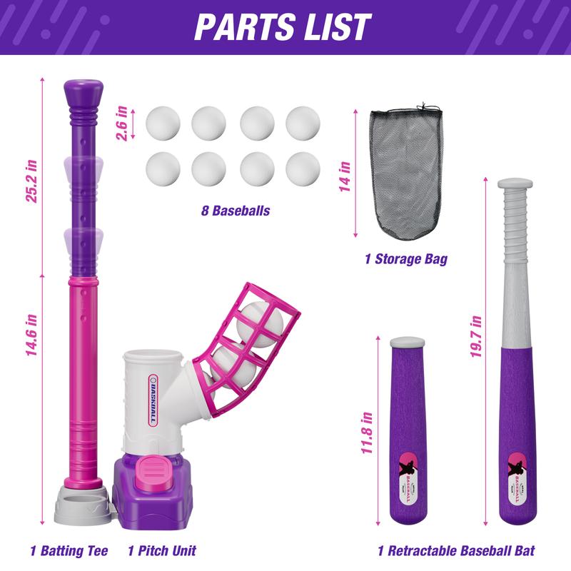 T-ball Set for Toddlers 3-5 Tee Ball Set with Step on Pitching Machine Adjustable Batting Tee Retractable Baseball Bat 8 Pop Up Balls Outdoor Sport Toy Games for Kids Girls