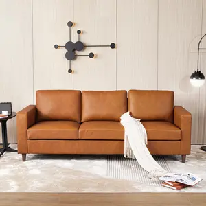 Garvee Brown Pu Leather Sofa, 85" Mid-Century Modern Couch, 3-Seater Sofa, Deep Seat Sofas for Living Room, Bedroom, Office
