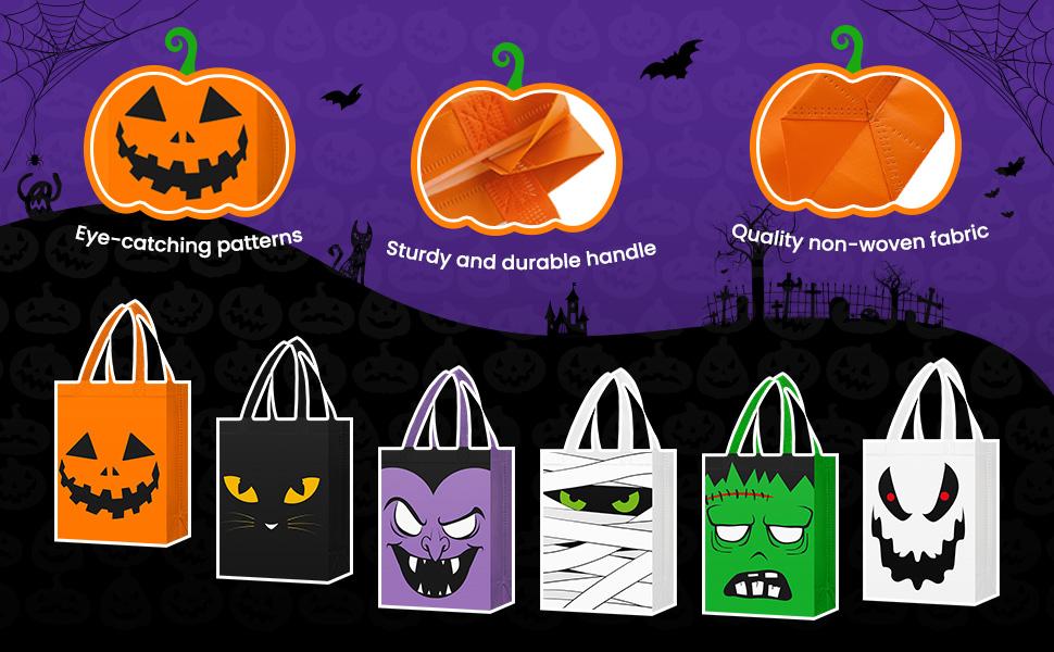 30 Pcs Halloween Candy Bags Non Woven Gift Bags with Handle Trick or Treat Bags with Ghost Vampire Zombie Bat Black Cat Patterns,Snack Goodie Bags for Students Adults,Halloween Birthday Party Favor Supplies
