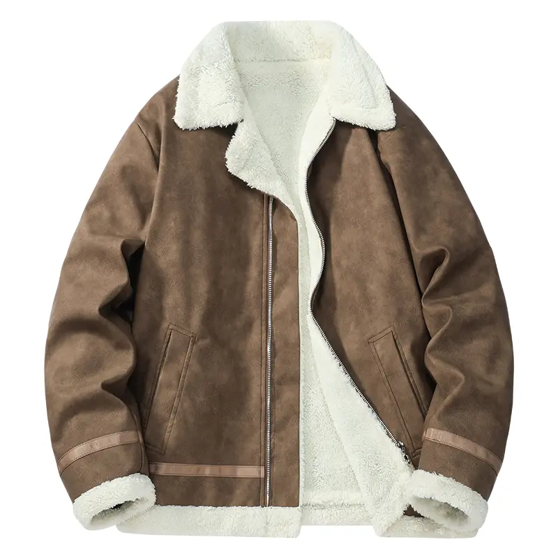Men's Thick Sherpa-Lined Outerwear Coat - Plain, Multi-Pocket, Fitted Cut, Medium Beige, Long-Sleeve Top for Autumn Winter Daily Work, Outdoor Skiing, Outwear Coat