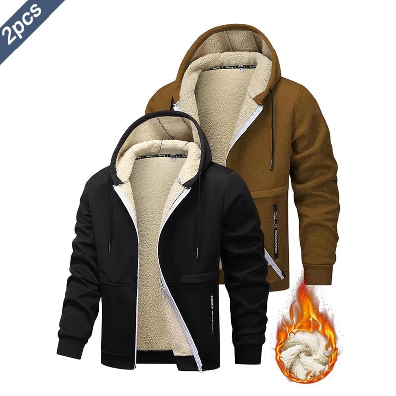 2PCS - Autumn And Winter Men's Simple Solid Color Hoodie, Drawstring Hooded Cardigan Coat, Men's Winter Clothing, Autumn And Winter Sports Outdoor Wear