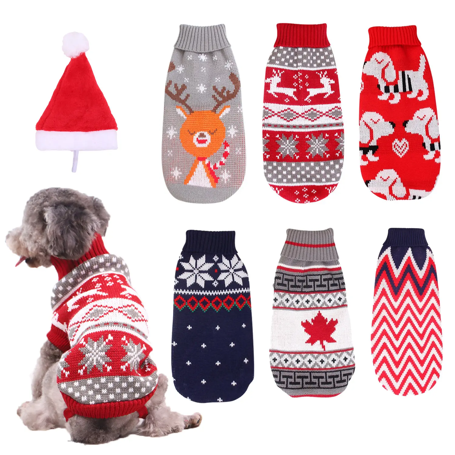 Christmas Pet Sweater for Dogs and Cats Cozy Knit Reindeer Maple Leaf Snowflake Pattern High Neck Winter Coat Puppy Kitten Holiday Party Outfit Clothes in Gray Red Navy Blue