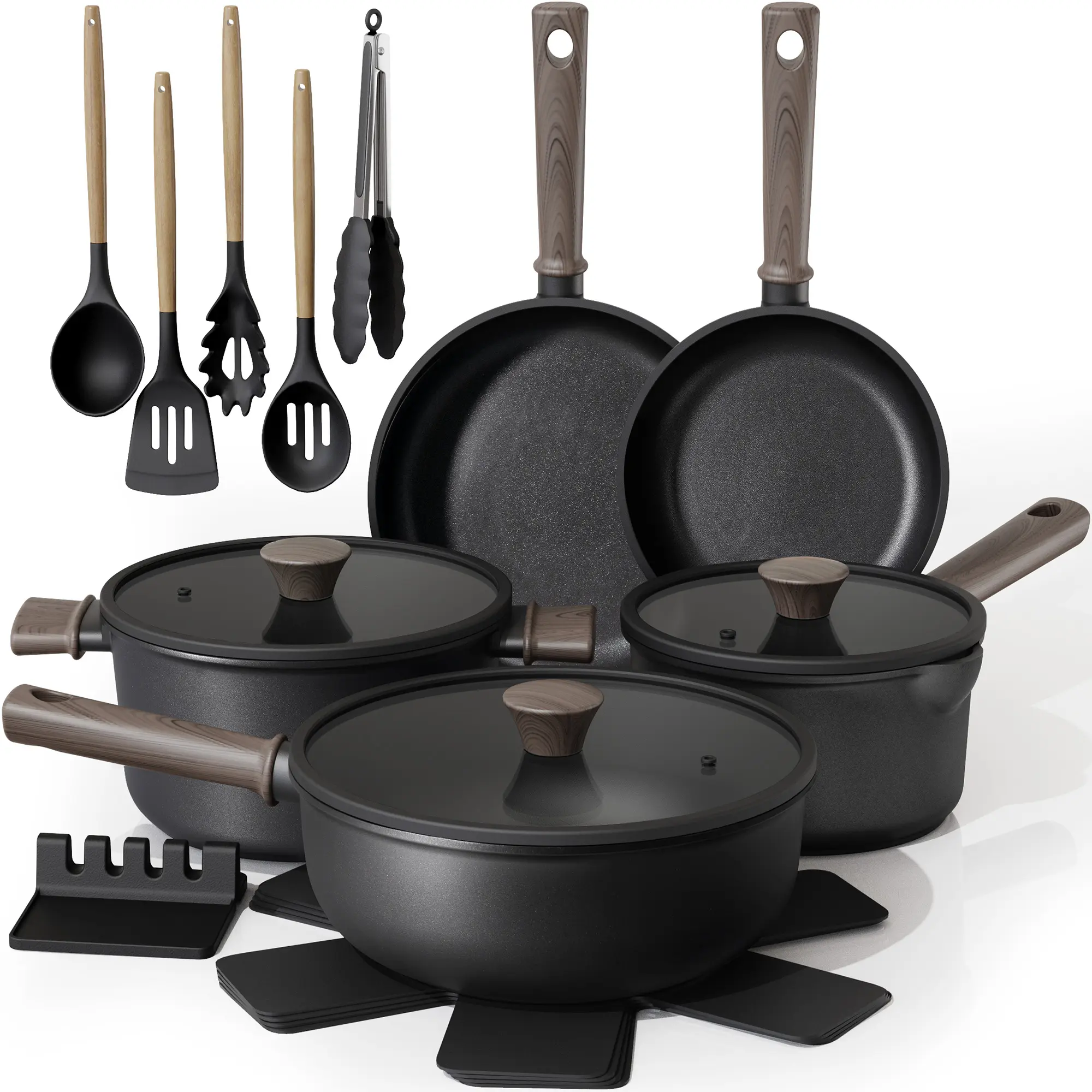 Astercook 18-Piece Non-Stick Cookware Set - Cooking Pans, Pots, Induction-Compatible, Elegant Wooden Handles, Frying Pan, Stew Pot, Steamer, Oven Safe, High Temperature Resistant, Cooking Pans Set, Induction Cookware Sets