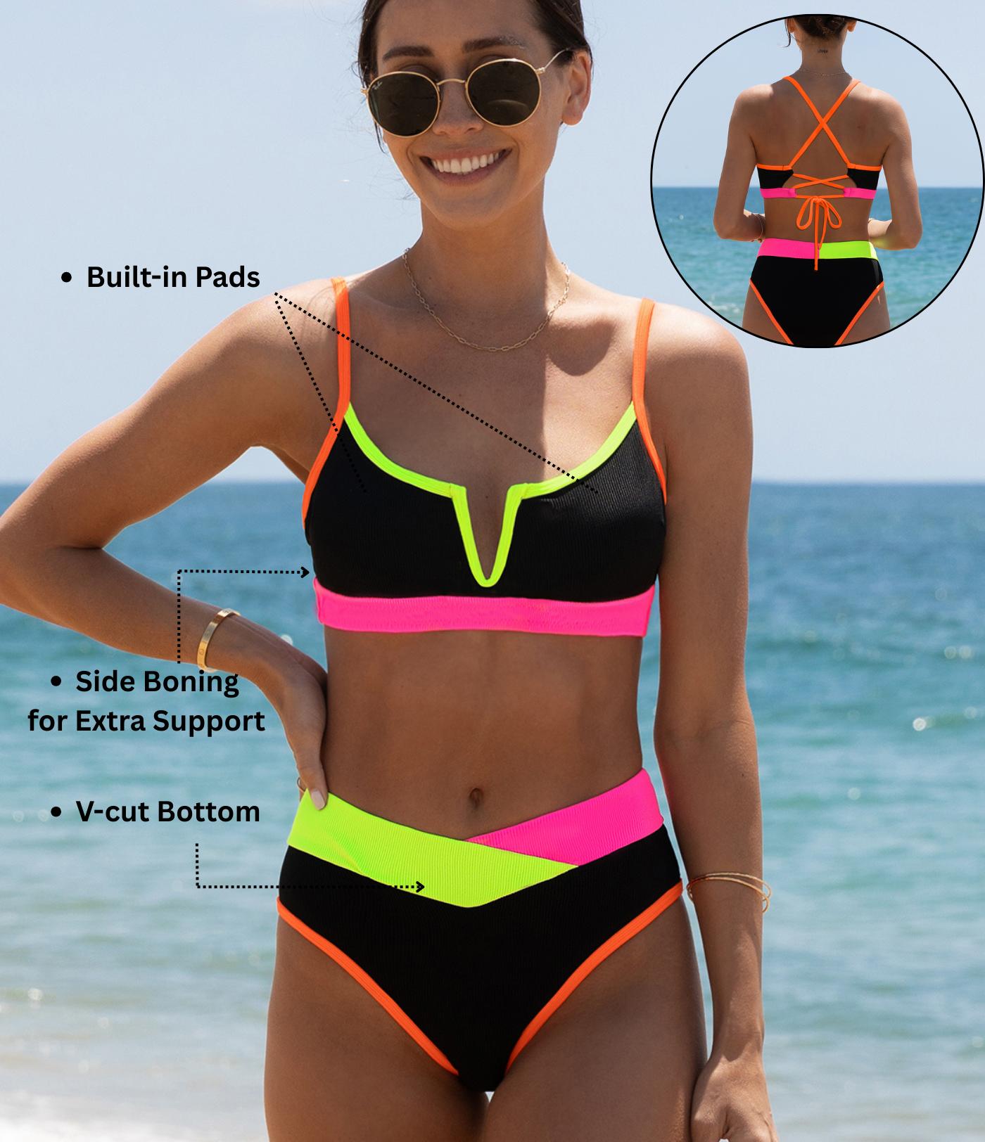 Popvil 【Built-in Pads】V-cut High Waisted Neon Bikini Set,Tummy Control Color Block Swimsuit for Women, Neon Bathing Suit with Adjustable Strap and Built-in Pads