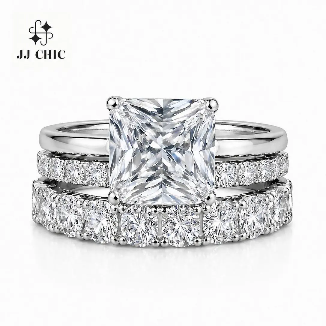 JJ CHIC Everglow Women's Princess Cut 3-Piece Bridal Jewelry Wedding Ring Set, Stackable Engagement Rings with Elegant Design & Eye-Catching Center Stone, Wedding Ring Sets