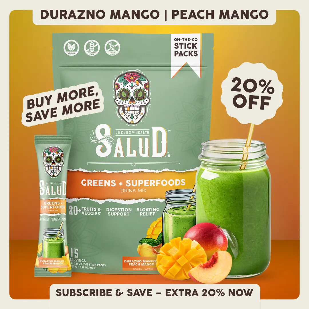 Salud 2-in-1 [Greens + Superfoods - Peach Mango] Daily Greens Drink Mix, Agua Fresca, Gut Health & Bloating Support, Probiotics & Prebiotics, Vegan, Non-GMO, Easy-to-Drink Greens Powder (15 Servings)