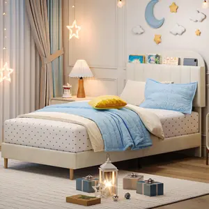 Beige Twin XL Bed Frame with Bookcase Headboard - Upholstered Velvet Platform Bed, 890LB Capacity, Noise-Free, Heavy-Duty Steel Legs, Easy Assembly