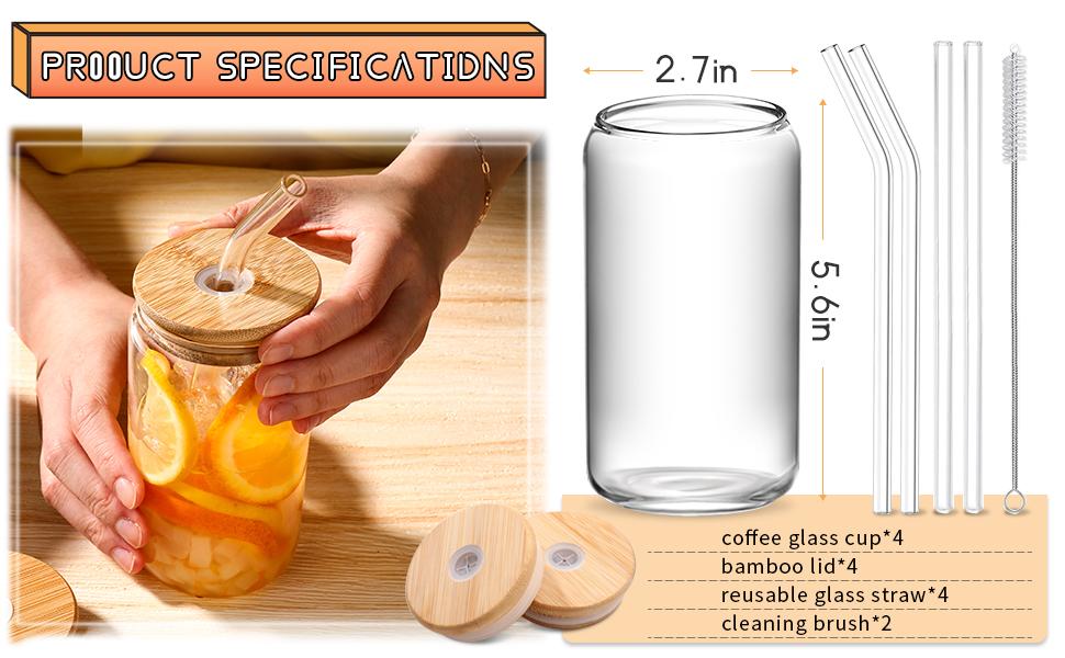 DWTS DANWEITESI 4-Pack 16oz Glass Cups with Bamboo Lids & Straws Borosilicate Tumblers for Coffee Beer Water Tea Drinkware Set Cute Wooden Ice Cube Jar Set