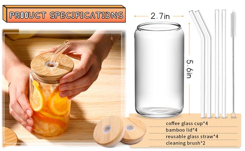 DWTS DANWEITESI 4-Pack 16oz Glass Cups with Bamboo Lids & Straws Borosilicate Tumblers for Coffee Beer Water Tea Drinkware Set Cute Wooden Ice Cube Jar Set