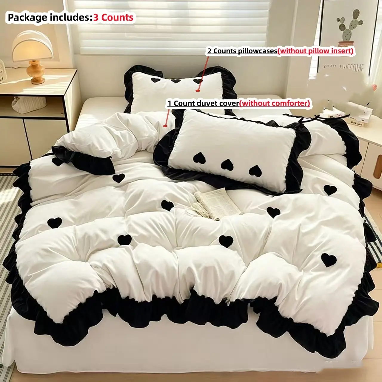 3pcs Embroidered Heart Lace Decorative Bedding Set, Includes 1 Lace Duvet Cover and 2 Pillowcases(without any filling)Zipper Design, Soft Fabric, All Seasons