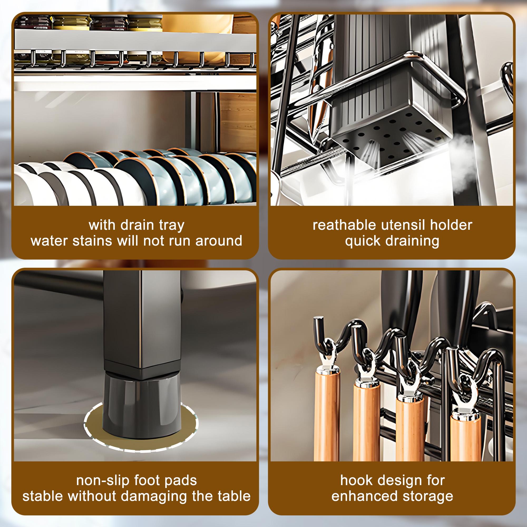 Bepatio 2 Tier Dish Drying Rack,Stainless Steel Dish Rack With  Drainboard & Utensils Holder,Over Sink Rack Kitchen Dish Drying Rack,Kitchen Organizer