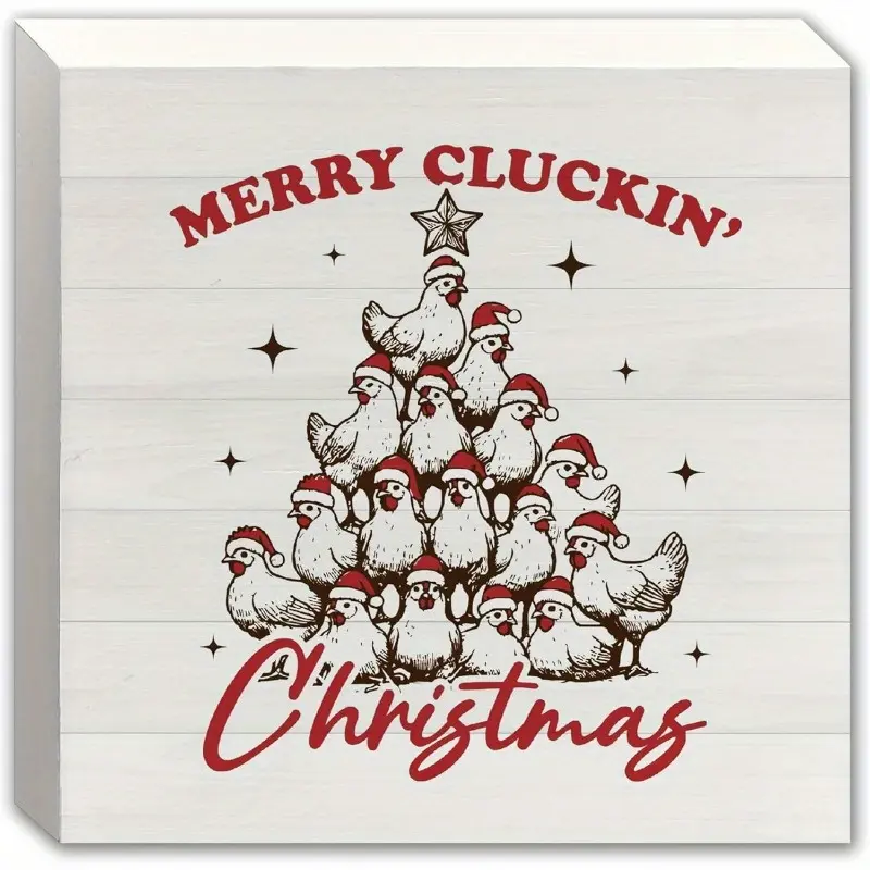 Christmas Halloween Decoration Gifts，Party Decor, Funny Chicken Christmas Wood Signs, Chicken Christmas Decorations, Farmhouse Christmas Decor, Christmas Chicken Tree Wooden Box Block Signs for Home Office Desk Shelf Table Decor, 5x5 Inch