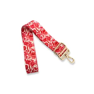 Ruby Rose Strap - Adjustable Polyester Strap with Gold Hardware & Custom Printed Red Roses Design 1 1/2" Wide