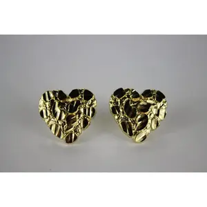 10K Real Yellow Gold Heart Nugget Earrings with Diamond Cut 2 sizes