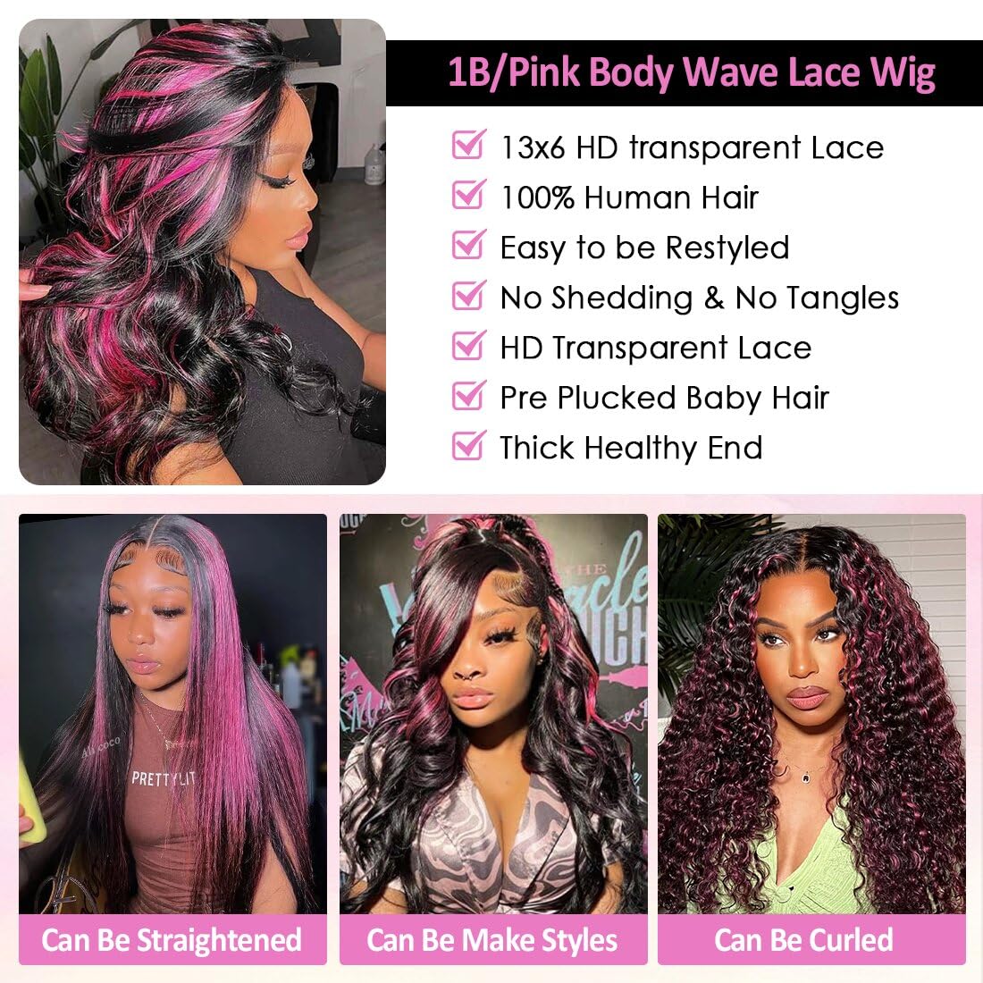 Highlight Ombre Lace Front Wig Human Hair 13x6 Body Wave 1B/Pink Colored Lace Front Wig Human Hair Pre Plucked With Baby Hair Black And Pink Wig Human Hair 200% Density 34 Inch Skunk Stripe Wig Highlight Ombre Lace Front Wig Human Hair 13x6 Body Wave 1B/Pink Colored Lace Front Wig Human Hair Pre Plucked With Baby Hair Black And Pink Wig Human Hair 200% Density 34 Inch Skunk Stripe Wig