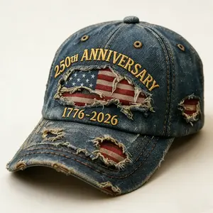 250th Anniversary 1776-2026 Men's Distressed Denim Baseball Cap, Vintage Washed Patriotic Hat with American Flag Embroidery, Relaxed Fit for History Enthusiasts Patriotic Fans, Multi-pack Available, Spring Summer Daily Outdoor Casual Cap