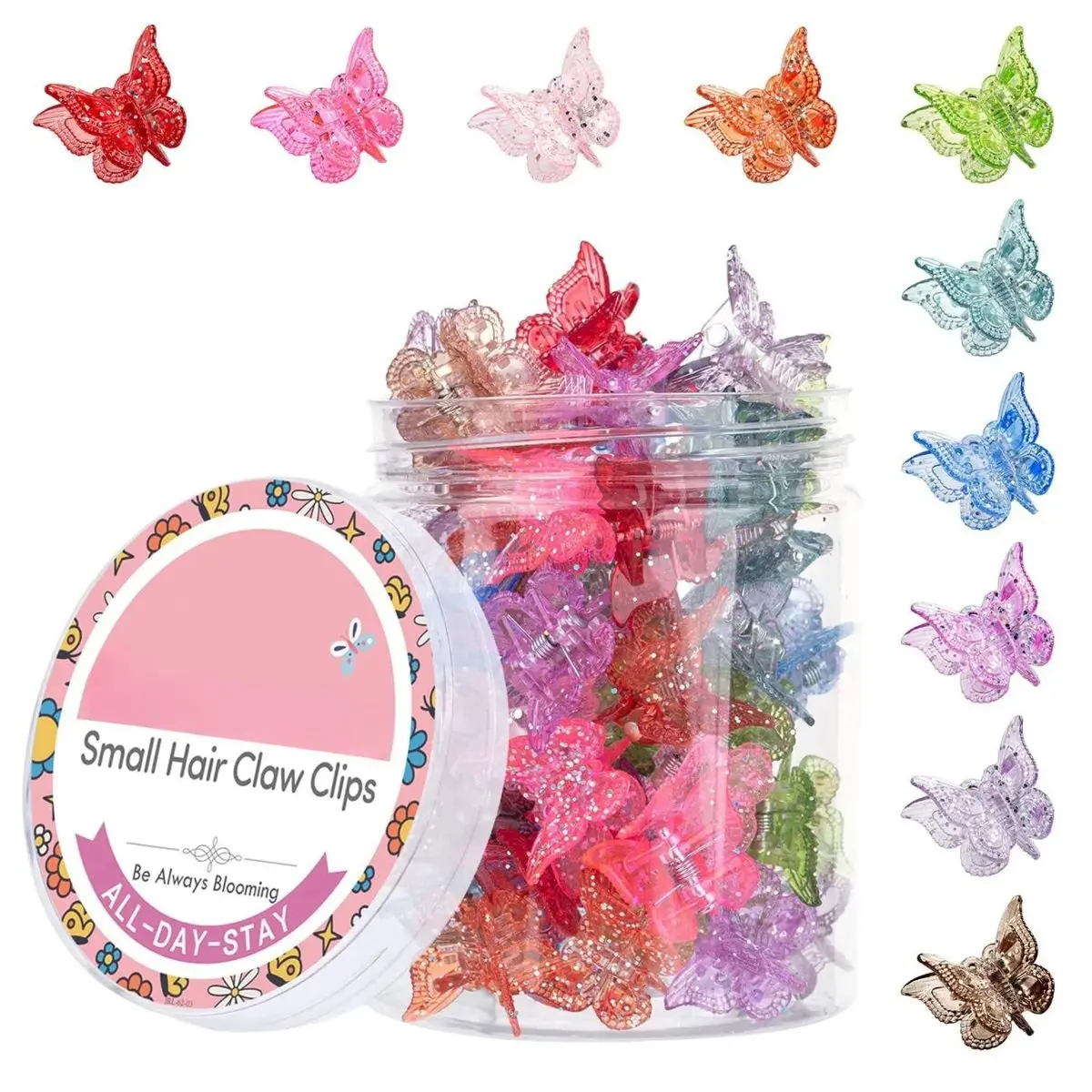 Glitter Mini Butterfly Hair Claw Clips, Sparkly Colorful Hair Accessories for Girls and Women - 90s Y2K Cute, Small, Set of 50