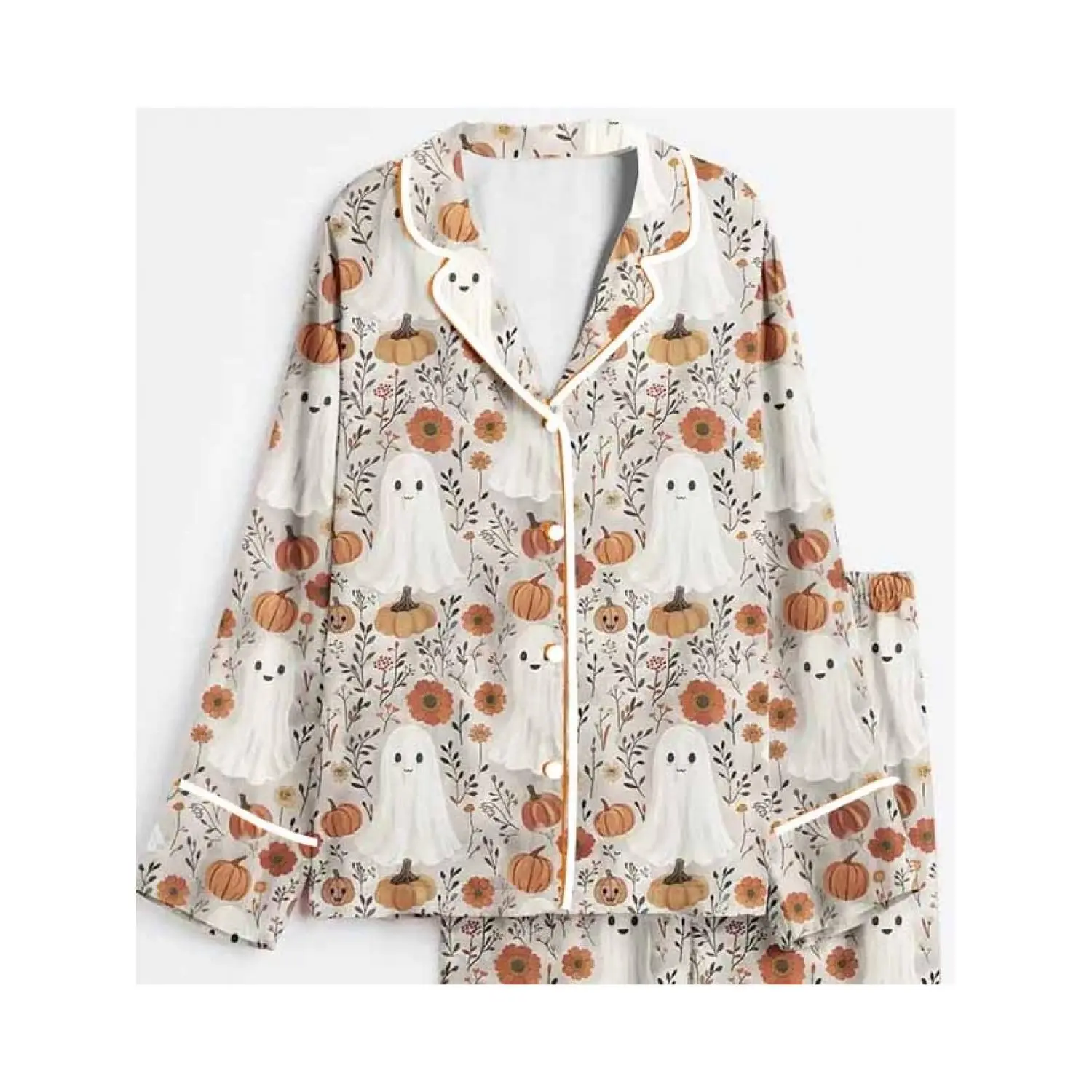 Charming Halloween Pumpkin Pajamas for Women with Floral Long Sleeves Sleepwear