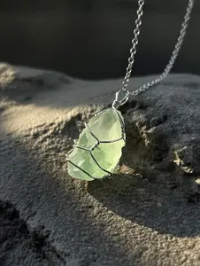 Raw Green Fluorite Wire-Wrapped Pendant Necklace (Silver-Tone)