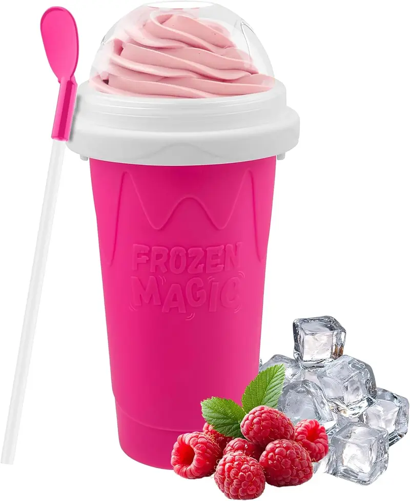 Slushy Cup & Slushy Maker Portable Smoothie Slushie Squeeze Cup for Juices, Milk and Ice Cream Make, Double Layers Silica with Lid & Straw for Kids, Friends & Family (PINK, STANDARD SIZE)