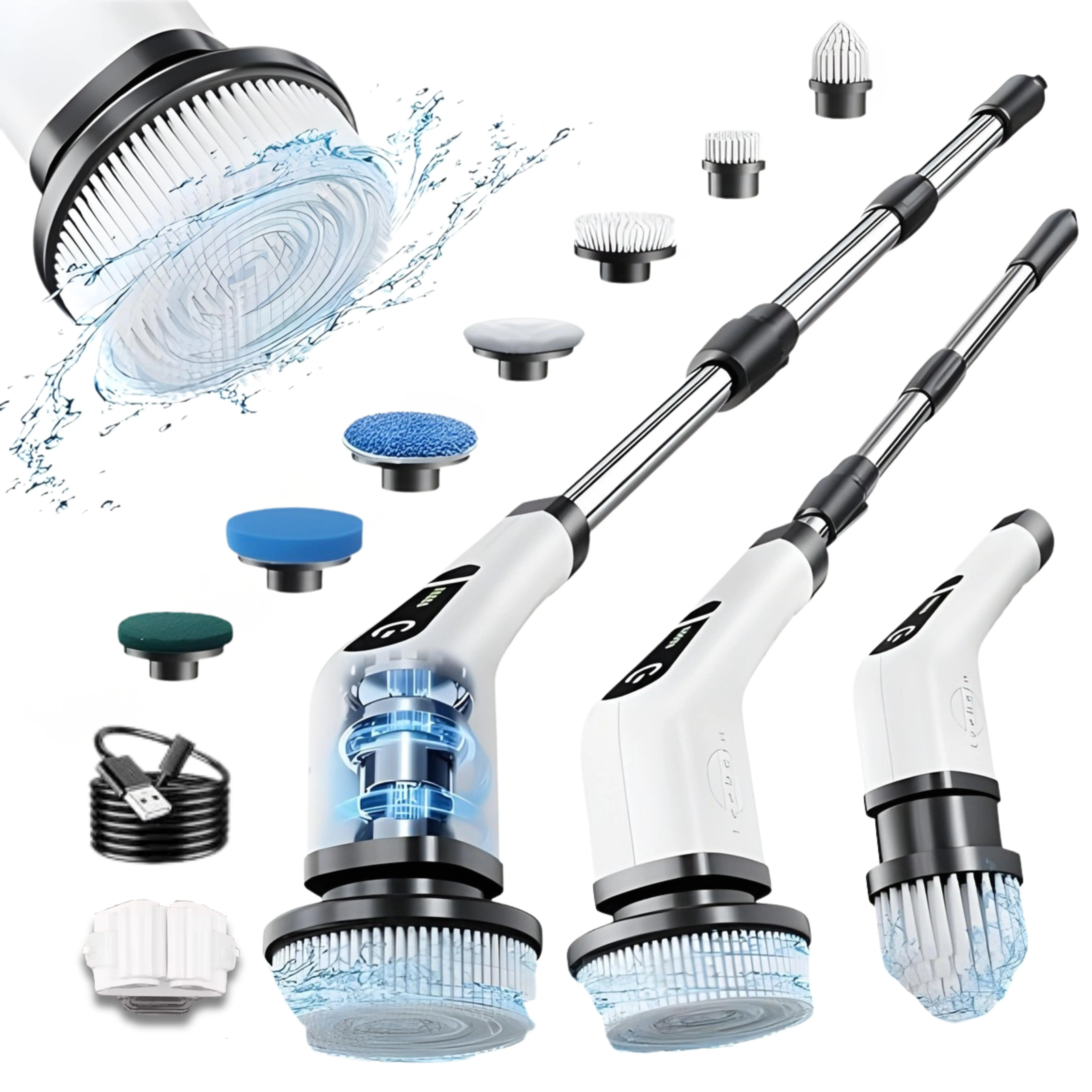 7-Heads Wireless Electric Spin Scrubber (Cleaning Brush) - Adjustable Handle, Rechargeable, Dual Speed, USB Port & Cable, Waterproof IPX5, 1 x Absorbent Cloth, Tub & Floor Fit, Glass & Crevice Compatible, Mesh Pocket Dry, Wall Hanger Storage, Perfect Gift