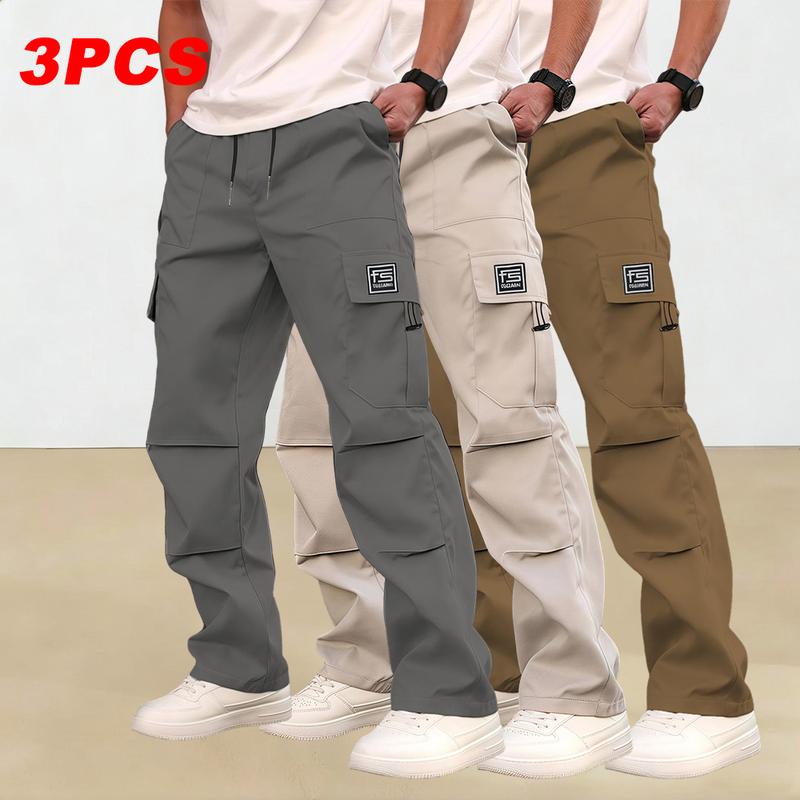 Men's multi-pocket work pants, 3-pack, suitable for all seasons and machine washable; mid-rise with drawstring closure; non-stretch polyester fabric; casual wear with pockets; versatile cargo pants Men's multi-pocket work pants, 3-pack, suitable for all seasons and machine washable; mid-rise with drawstring closure; non-stretch polyester fabric; casual wear with pockets; versatile cargo pants