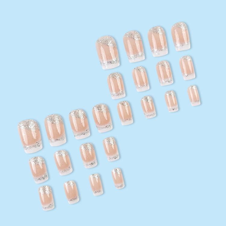 Square Press on Nails Medium French Tips Fake Nails Silver Glitter Acrylic Nails Press ons White Ombre Glue on Nail Shiny Stick on Nail Nude False Nails for Women Girls Nails Decoration 24Pcs