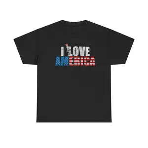 Men's Classic Seamless Cotton Shirt - Personalized I Love America Graphic, Dark Heather Casual Tee for Father's Day, 4th July