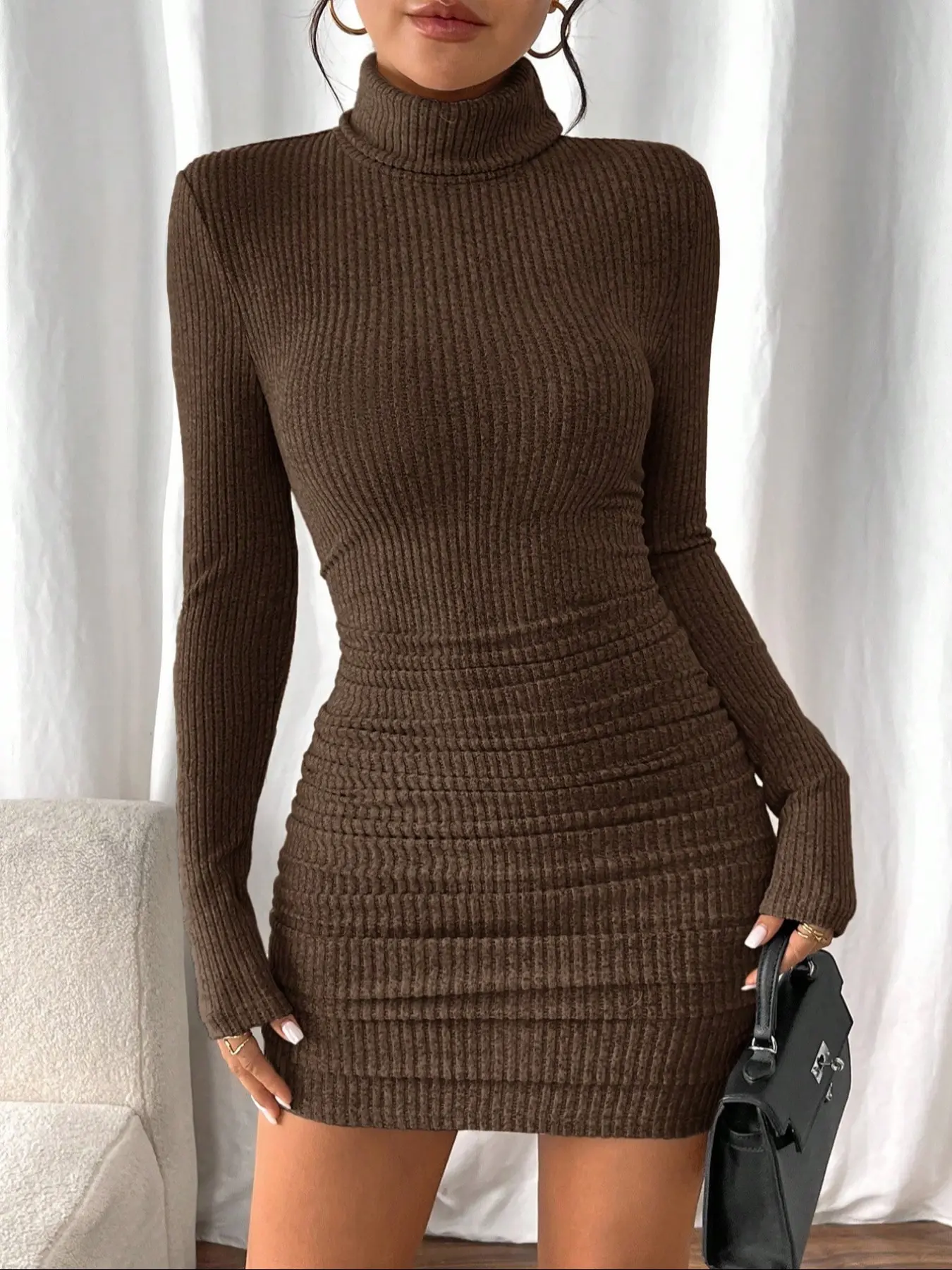Women's Solid Color Basic Fashionable Casual Chic Fitted High Neck Turtleneck Long Sleeve Dress, Everyday Dress, Cozy Soft Fabric for Autumn & Winter, Elegant Casual Office Wear, Womenswear