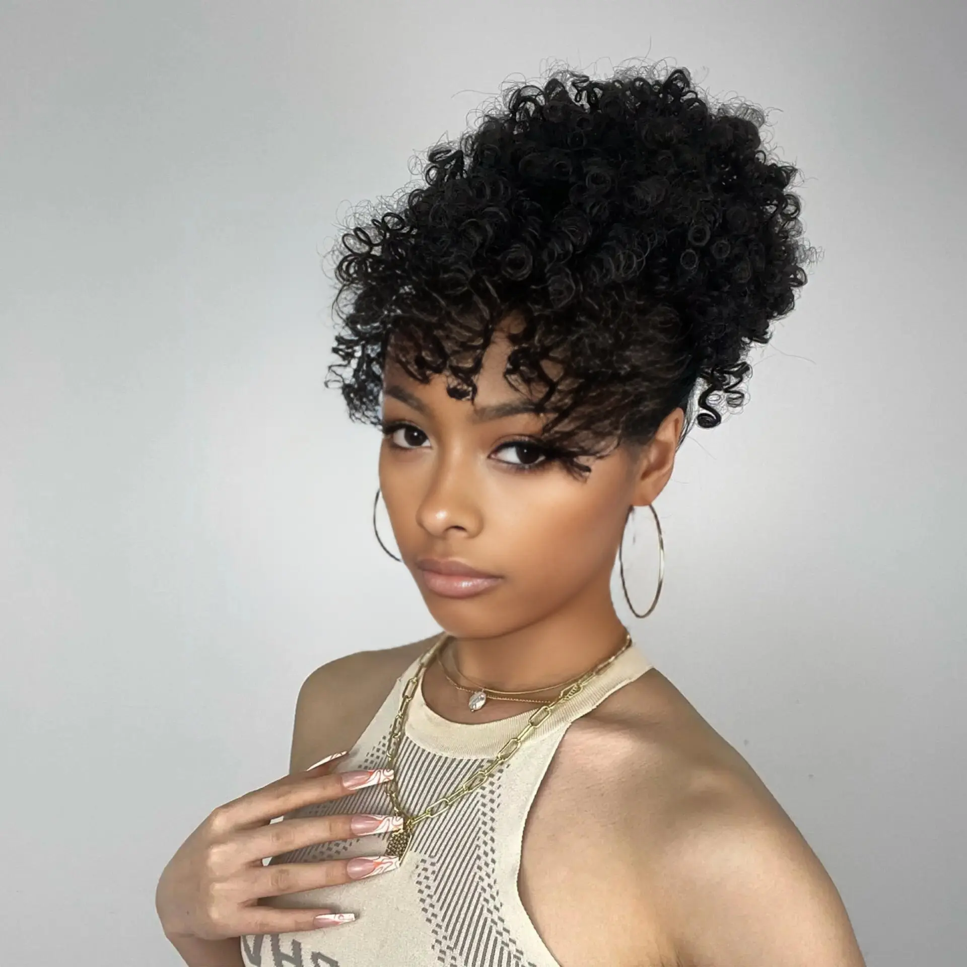 BLL Afro Puff Drawstring Ponytail for Black Women, Kinky Curly Hair Ponytail Extension with Bangs Black Updo Natural Hair Ponytail