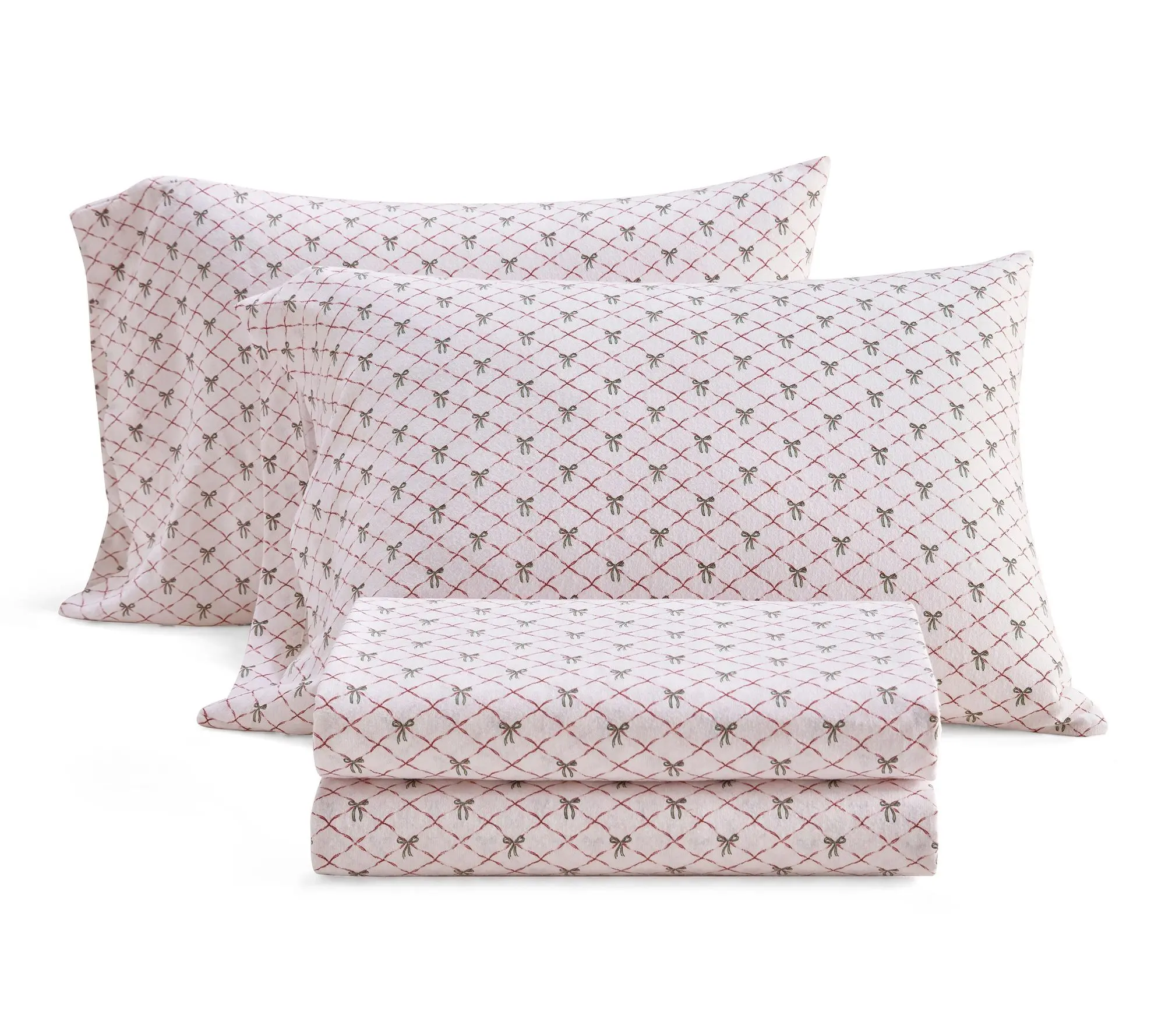Martha Stewart Holiday Bows White/Red Flannel Twin Sheet Set