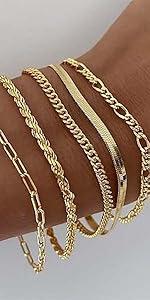 Waterproof Women's Bracelet Set - Trendy Dainty Jewelry Fashion Stackable Tennis Beaded Figaro Herringbone Paperclip Link Bracelet Pack