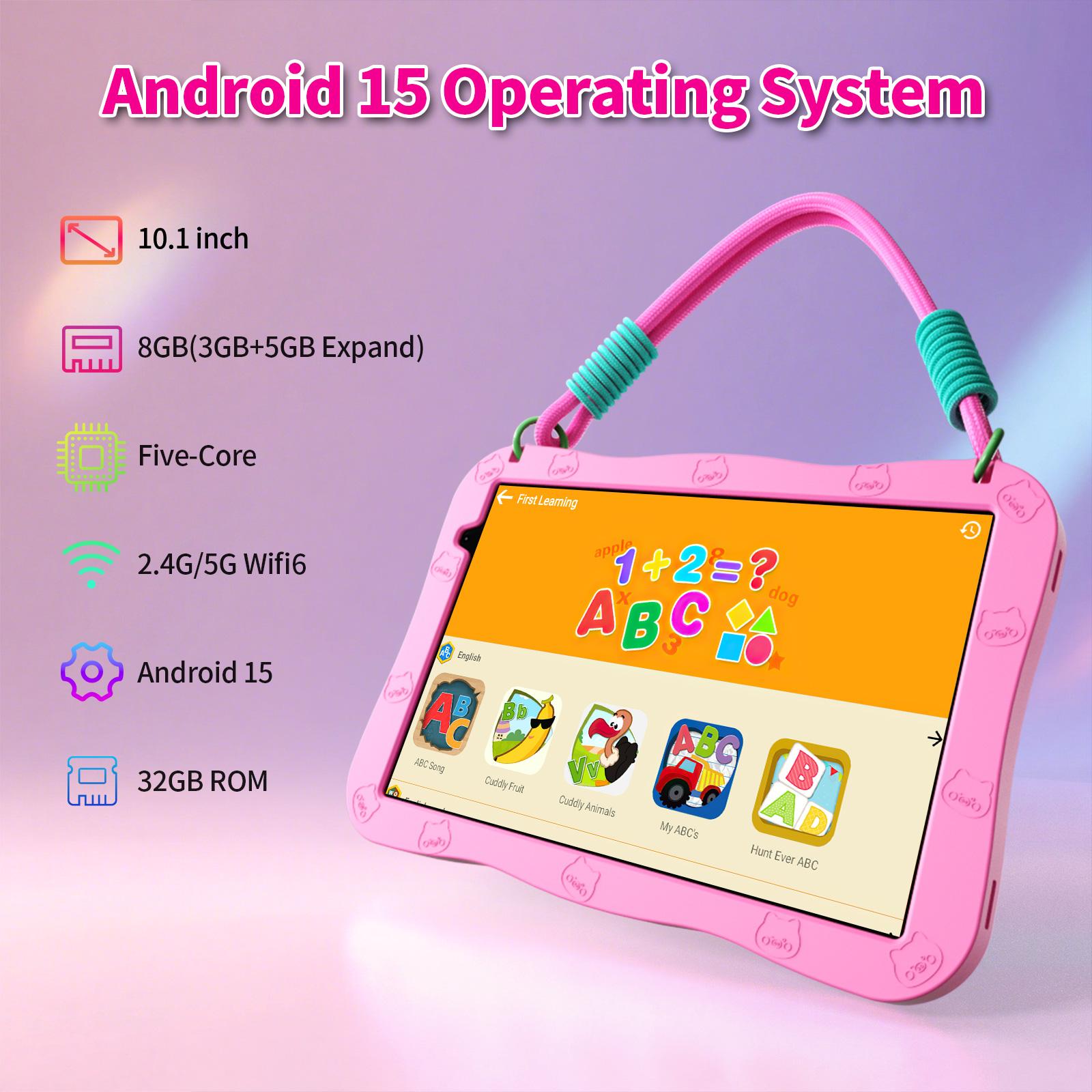 [TikTokShopSpringGlowUp]PRITOM Kids Tablet 10 inch Android 15 8GB RAM 32GB ROM Dual Cameras WiFi6 6000mAh Battery Protective Silicone Case Animal Flash Cards Educational Apps Toddler Gifts Stress Relief Case Pink/Blue tiktok shop official store