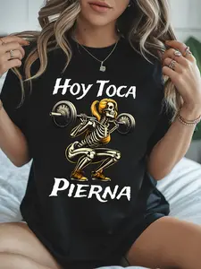 [Villainous Side]Women's Gym T-shirt, "Hoy toca Pierna" + skull weightlifting, black spring-summer