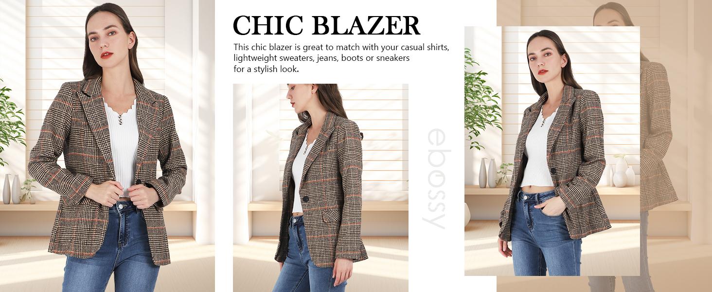 Ebossy Women's Houndstooth Plaid Blazer Jacket Notch Lapel Boyfriend Suit Casual Long Sleeve Fitted Outerwear with Flap Pockets Machine Washable