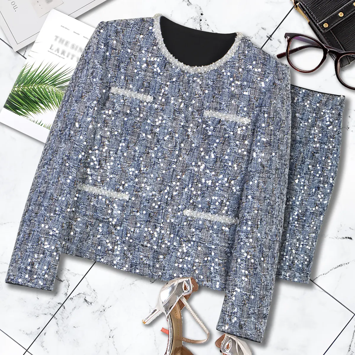 DUSHE 2-Piece Skirt Set for Women, Elegant Chic Sequin Beaded Long Sleeve Crew Neck Jacket with Snap Closure, Lady, Longsleeves, Women's Clothes, Fitted, Full Sleeves, Polyester Wool, Solid Plain, Split Detail, Normal Type, Outerwear
