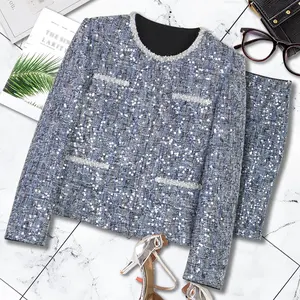 Fashion socialite high-end women's clothing 2026 Spring and Autumn new style temperament sequin nail bead round neck jacket half skirt set