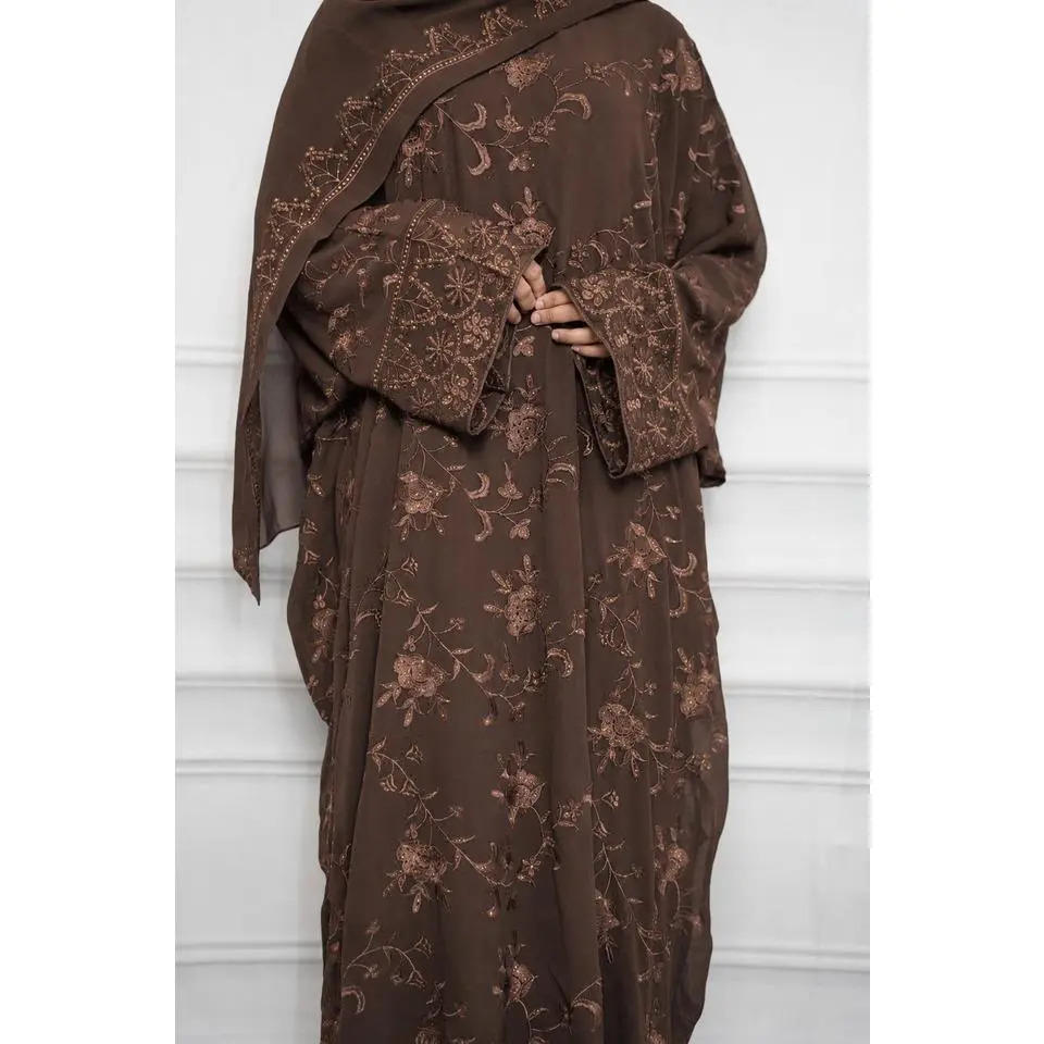JANNAH closed farasha abaya with matching hijab. Soft, flowy fabric that drapes beautifully for a full modest look. Detailed embroidery adds a subtle touch. Lightweight and comfortable, perfect for any occasion, easy to dress up or keep simple