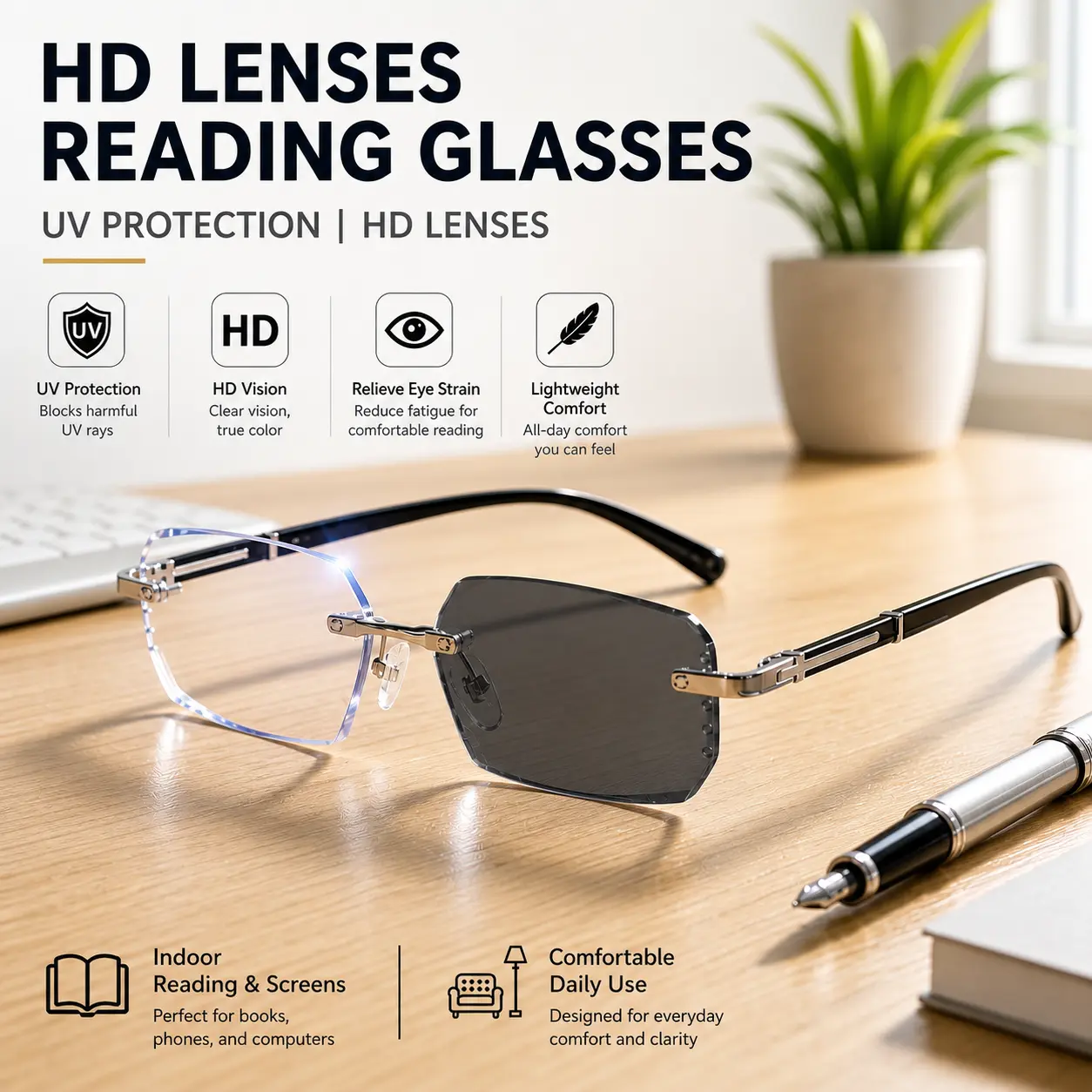 The Modern Minimalist Frameless Reading Glasses – UV Color-Changing & Blue Blocking Lens, Ultra-Light Metal Build for Focused Work, Gaming & Everyday Wear