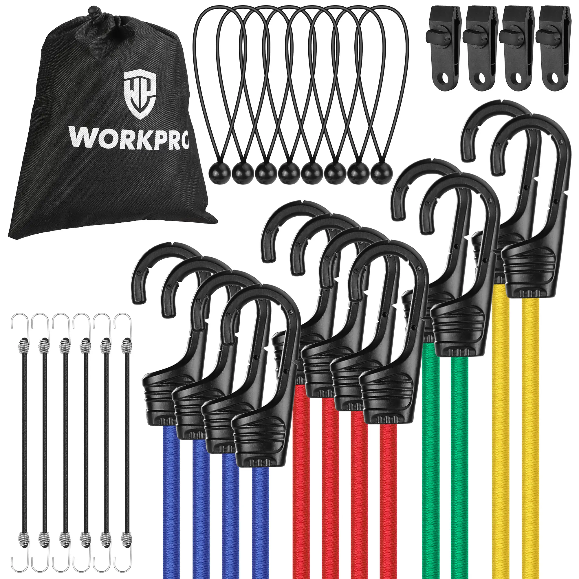 #BacktoSchool WORKPRO Hooked Bungee Cords Set - Superior Rubber Heavy-Duty Elastic Ropes for Outdoor Users, Cargo Transport, Luggage Rack Storage, Tent & RV Securing (Inches Measurement Compatible)