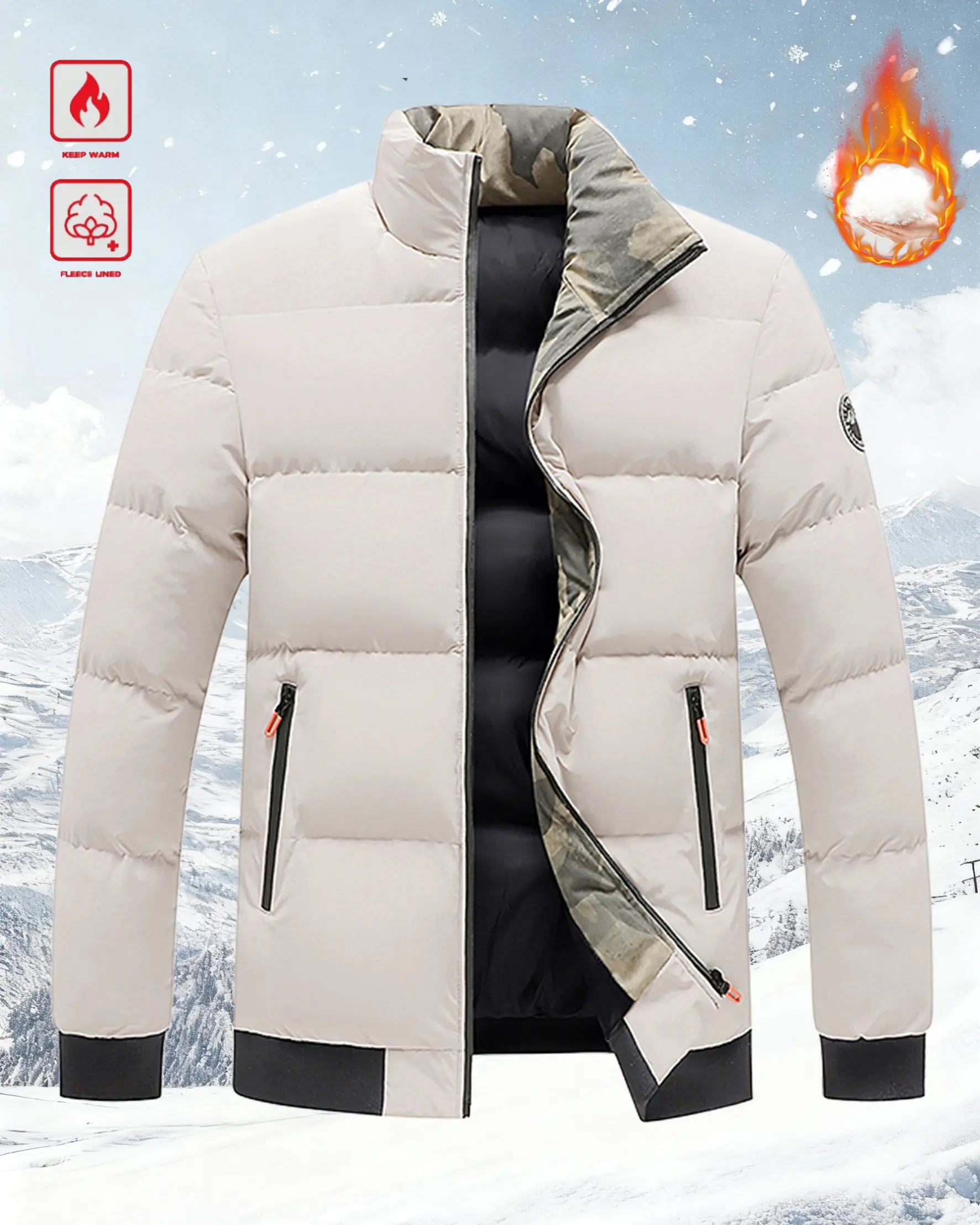 Men's Colorblock Puffer Coat - Menswear Long Sleeve Stylish Thick Warm Loose-Fit Cotton Casual Basics Top for Winter Outdoor Sports
