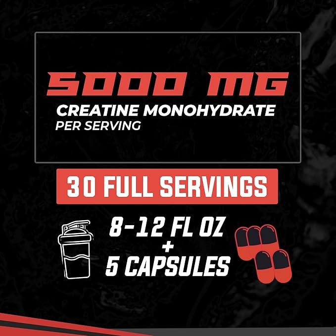 Huge Supplements Creatine Monohydrate Capsules, 5g Per Serving - 150 Capsules (30 Servings)