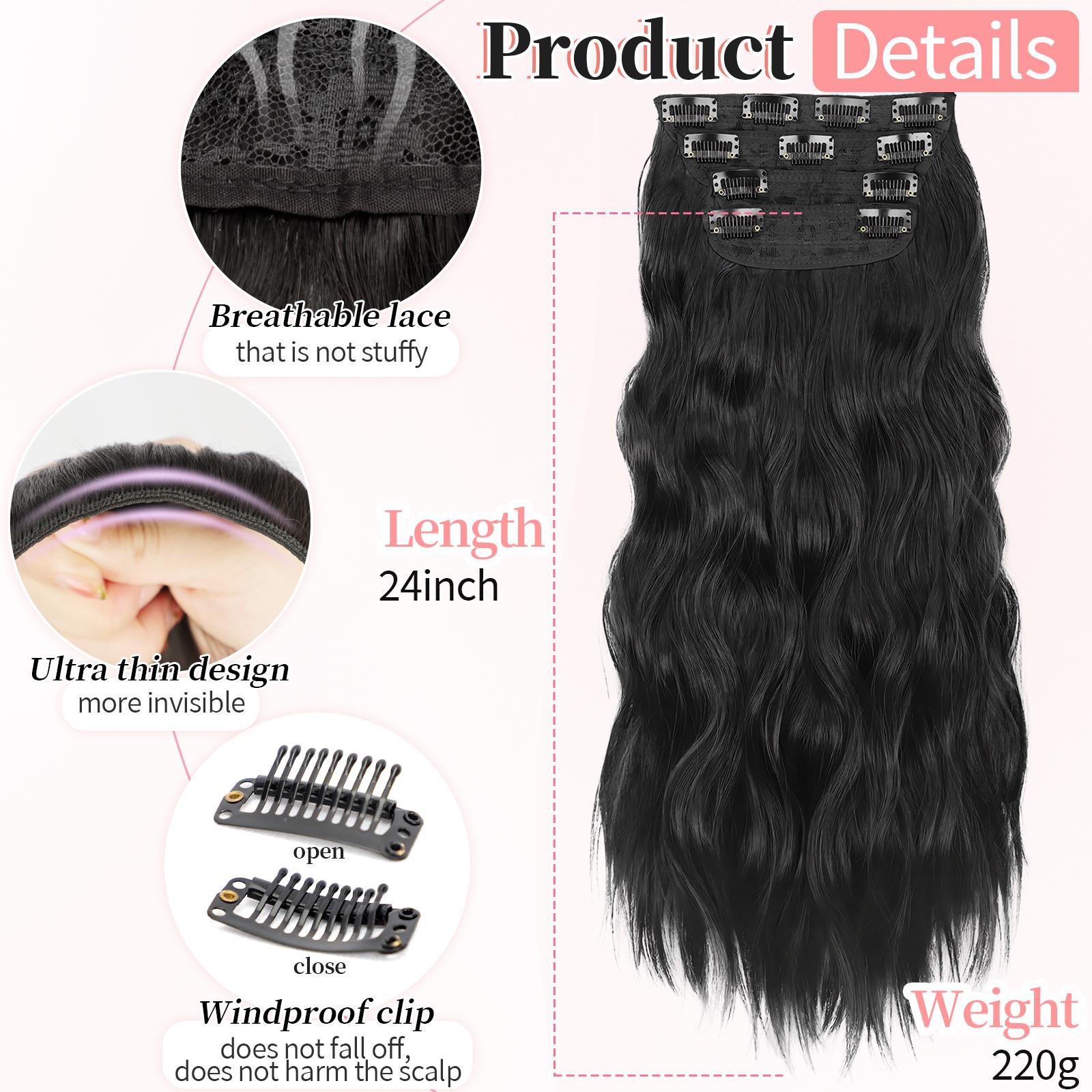 [ KooKaStyle ] Clip- in Synthetic Hair Extensions Long Wavy 4PCS Thick Hairpieces  Double Weft Natural Hair Extensions for Women