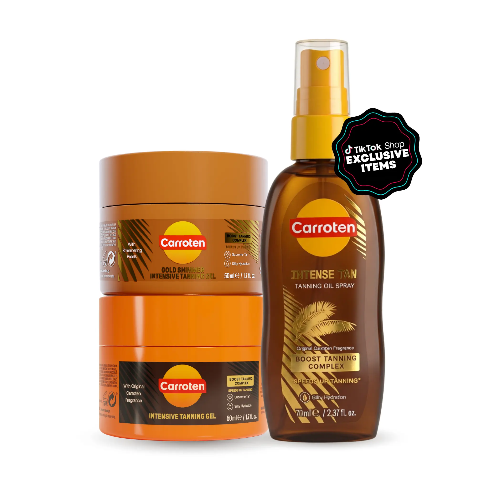 CARROTEN Tanning Trio 3-Piece Mini Set with Coconut Oil & Carrot Extract for a Deep Glow - Beauty & Tanning Products with Intensive Gel, Shimmer Gel & Oil Spray for Body Care, Spray Tan Kit, Beauty Products, Sunflower Oil, Self Care Products