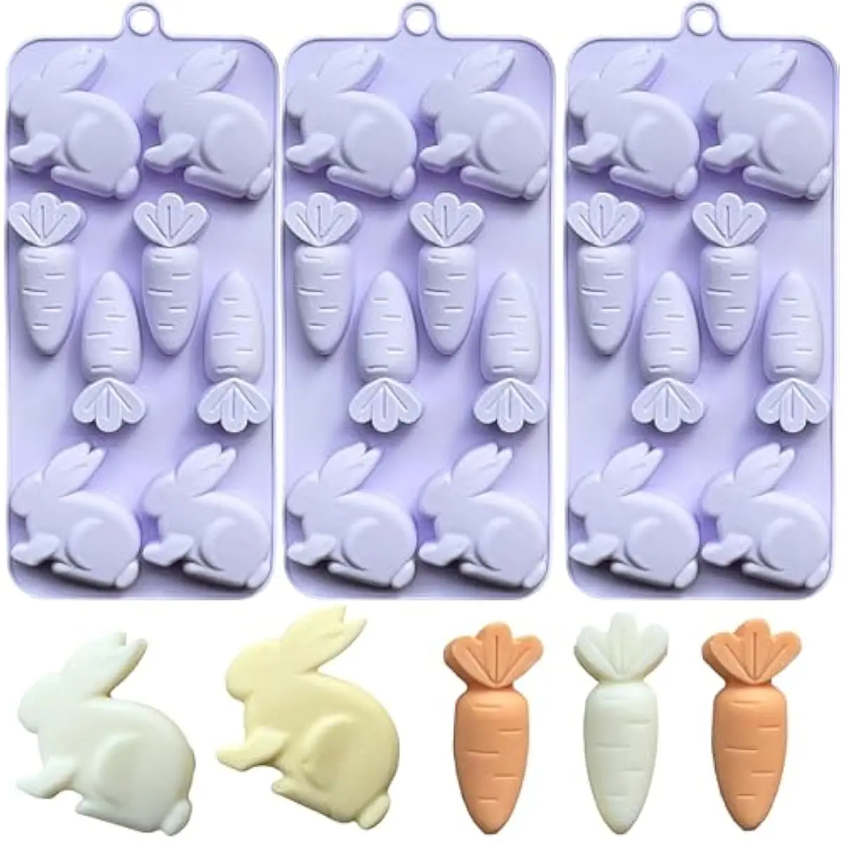 3-Pack Easter Bunny Silicone Mold, 3D Easter Bunny Chocolate Molds Carrot Candy Ice Mold Food Grade Non-Stick Silicone Molds for Candy, Jelly, Fondant, Resin, Candle Making
