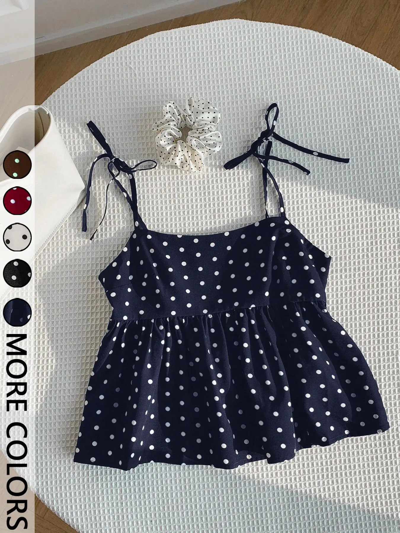 1pc Women's Polka Dot Tie-Strap Camisole with Adjustable Tie Shoulder Straps, Smocked Back and Flowy Ruffled Hem, Timeless Polka Dot Print Babydoll Top, Womenswear