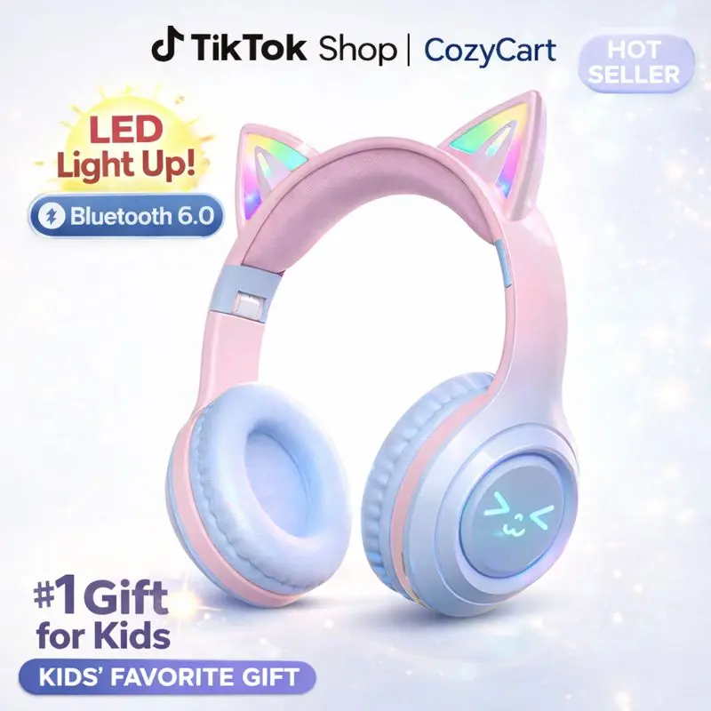 Cute Wireless BT Headset - Cat Ear Over-Ear Audio Device with LED Lights, Folding Design, Built-in Microphone, Long Battery Life, Portable for Phones/Tablets/Streaming, Ideal Kids Stuff Gift