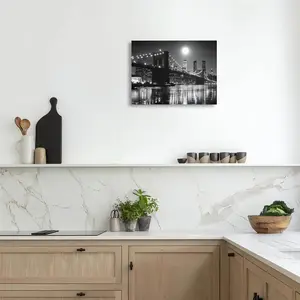 1pc Black and White Moonlit Bridge Framed Canvas Wall Art - Modern Monochrome Night Scene, 11.8"x15.7" (30x40cm) Wood Frame, Minimalist for Office Decor, Wedding & Bachelor Party Gift, Landmark Artwork	