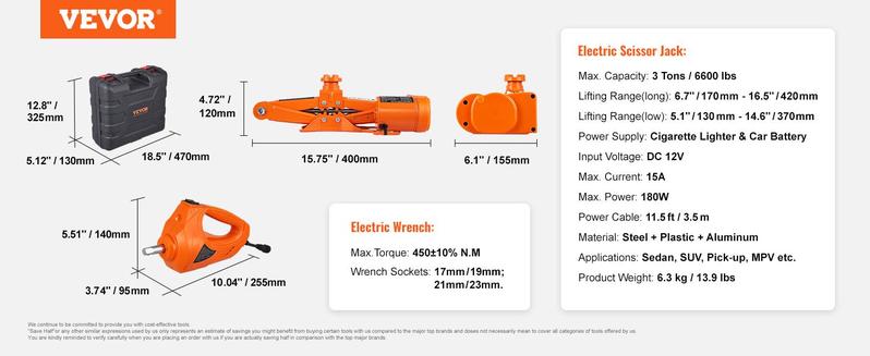 VEVOR Electric Scissor Jack, 3 Tons /6600 lbs Car Jack with Electric Impact Wrench, 12V Car Jack with Double Saddles with Remote Control, Portable Car Jack Lifting for Sedan, SUV, Truck Tire Change